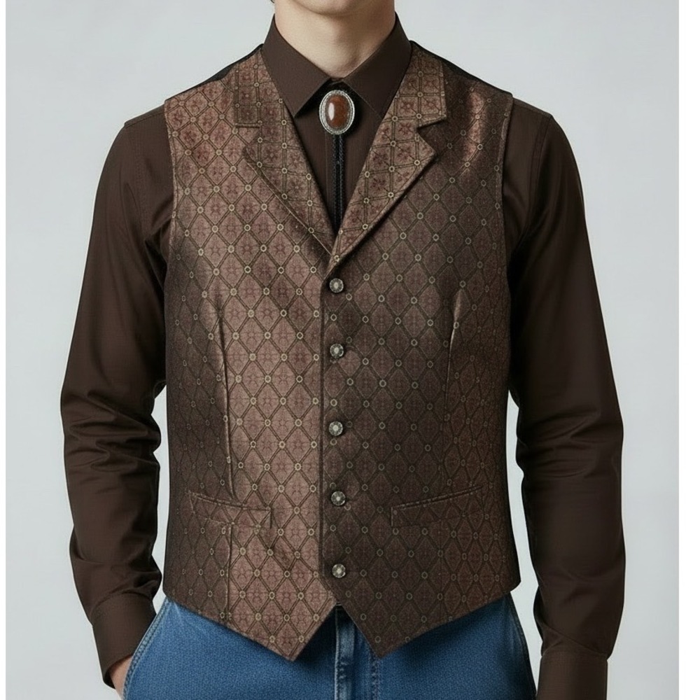 WAH MAKER Frontier Clothing Western Vest  Mens L Star Pattern/Brocade Made inUSA